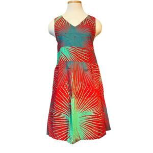 Caribelle Batik Sleeveless A Line Dress 100% Cotton Size S Red Teal Green Palm
